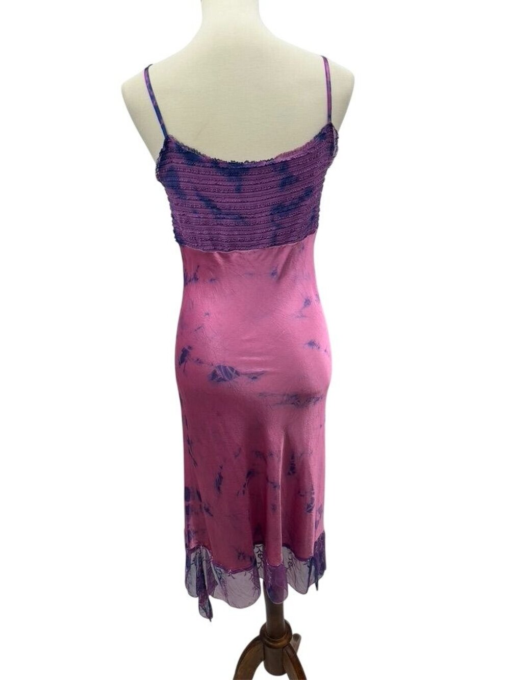 Vintage 90s Monah Li Tie-Dye Silk Slip Dress With Lace Velvet Pink & Purple - Picture 8 of 16